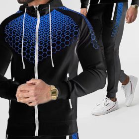 Autumn and winter zippered sportswear men's hooded coat electronic honeycomb casual suit (Color: Black blue, size: L)
